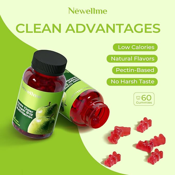 NEWELLME ACV Gummies with the Mother & B12 – Sugar-Free, Great-Tasting Vegan Gummies for Digestion, Metabolism & Daily Energy Support, 120 Count