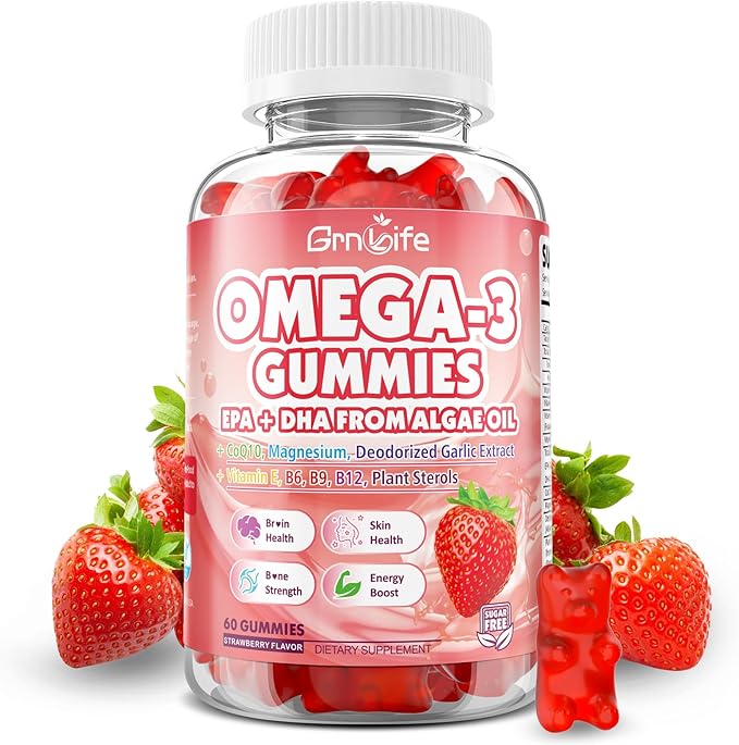 Vegan Omega 3 Gummies 1000mg + CoQ10 + Magnesium - w/Algae EPA 600mg & DHA 400mg, Fish Oil Omega-3 Supplements Alternative for Adults, for Brain, Eye, Immune Health, Strawberry Flavor, 60 Count