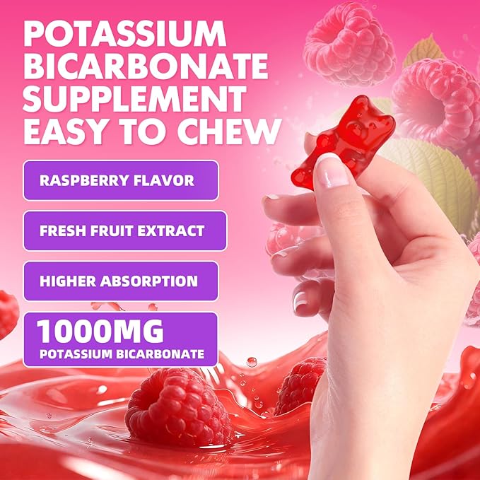 Potassium Gummies 1000mg, Potassium Bicarbonate Supplement for Adults & Kids, Support Electrolyte Balance & Muscle Heath, Sugar-Free, Raspberry Flavor, 60 Count