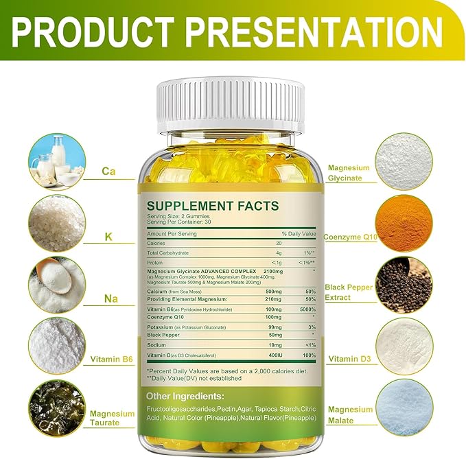 Magnesium Glycinate Gummies 400mg, Sugar Free Magnesium Taurate, Malate Supplement with Vitamin D, B6, CoQ10 for Relaxation, Stress Relief, Muscle, Bone & Sleep Support- 60 Pineapple Gummies