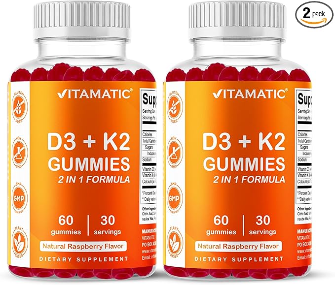 Vitamatic Vitamin D3 & K2 Gummies (2-Pack, 60 Count) Supports Healthy Bones, Heart Health, Calcium Absorption, and Immune Function Plant-Based, Non-GMO, Gluten-Free