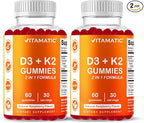 Vitamatic Vitamin D3 & K2 Gummies (2-Pack, 60 Count) Supports Healthy Bones, Heart Health, Calcium Absorption, and Immune Function Plant-Based, Non-GMO, Gluten-Free
