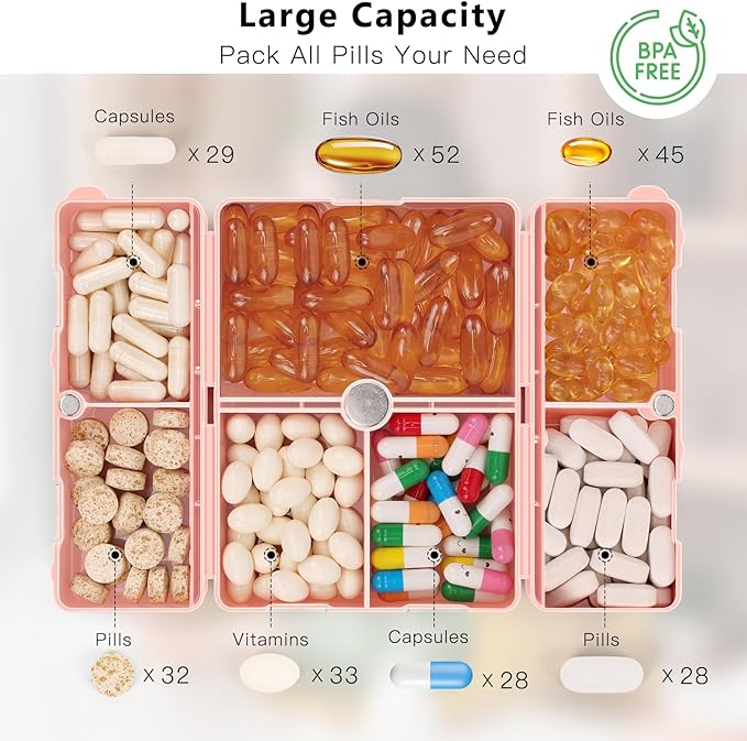 FYY Daily Pill Organizer,7 Compartments Portable Travel Pill Case [Folding Design] Pill Box for Purse Pocket to Hold Vitamins,Cod Liver Oil,Supplements and Medication-Rosegold