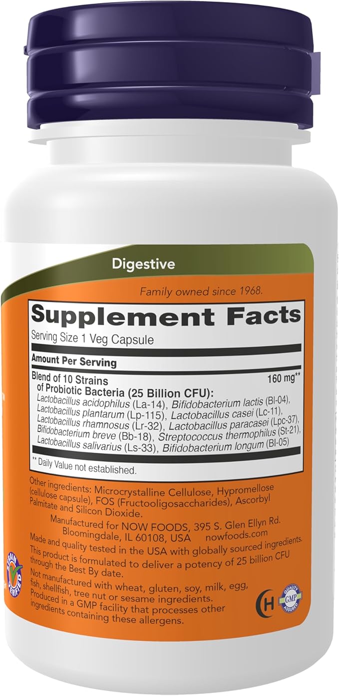 NOW Foods Supplements, Probiotic-10™, 25 Billion, with 10 Probiotic Strains, Dairy, Soy and Gluten Free, Strain Verified, 30 Veg Capsules