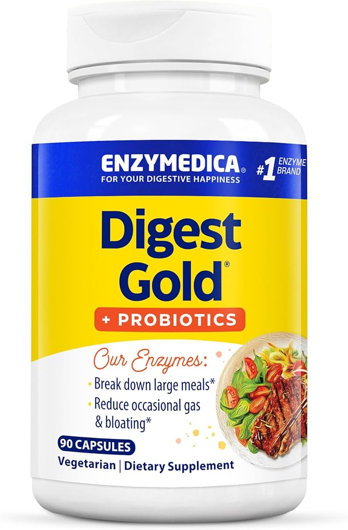 Enzymedica Digest Gold + Probiotics, 2-in-1 Digestive Enzymes & Probiotic Support, Promotes Gut Health with 1 Billion Active Cultures, 90 Capsules