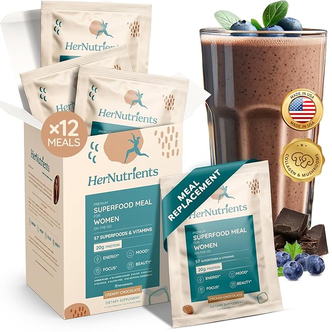 SuperFood Meal Replacement for Women - All-In-One Protein Powder with Greens & Vitamins & Collagen | Chocolate Protein Shake & Supplement Snack for Women's Health, Energy, Focus, Beauty, Mood, No Added Sugar (12 Packets On-The-Go, Chocolate)