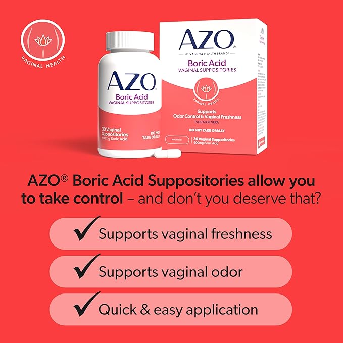 AZO® Boric Acid Vaginal Suppositories for Women, Helps Support Odor Control with Clinically Studied Boric Acid, Non-GMO, 30 Count