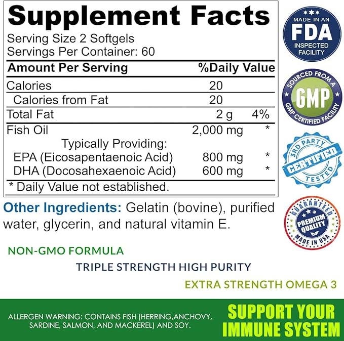 Omega 3 Fish Oil Supplement – 2000mg with EPA DHA & Vitamin E – Burpless, Triple Strength Support for Men & Women – 120 Easy Swallow Softgels