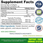 Omega 3 Fish Oil Supplement – 2000mg with EPA DHA & Vitamin E – Burpless, Triple Strength Support for Men & Women – 120 Easy Swallow Softgels