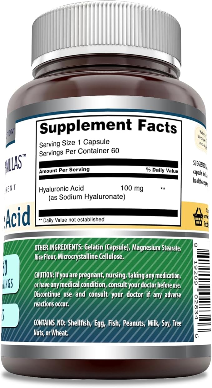 Amazing Formulas Hyaluronic Acid 100 Mg Supplement | Capsules | Non-GMO | Gluten-Free | Made in USA (1 Pack, 60 Count)