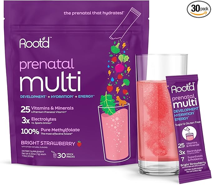 Root'd Prenatal Multivitamin Powder - 25 Vitamins & Minerals with 3x Electrolytes, Folate, Iron, D3 for Mom & Baby, 7 Superfood & Probiotics, Sugar-Free Vitamins & Hydration | 30 Vitamin Drink Packets