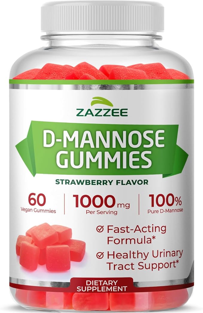 Zazzee D-Mannose Gummies, 1000 mg per Serving, 60 Vegan Gummies, Strawberry Flavor, Non-Sugar-Coated, Potent & Fast-Acting, All-Natural Urinary Tract Health Support, Made in the USA