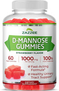 Zazzee D-Mannose Gummies, 1000 mg per Serving, 60 Vegan Gummies, Strawberry Flavor, Non-Sugar-Coated, Potent & Fast-Acting, All-Natural Urinary Tract Health Support, Made in the USA