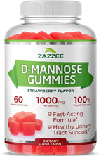 Zazzee D-Mannose Gummies, 1000 mg per Serving, 60 Vegan Gummies, Strawberry Flavor, Non-Sugar-Coated, Potent & Fast-Acting, All-Natural Urinary Tract Health Support, Made in the USA
