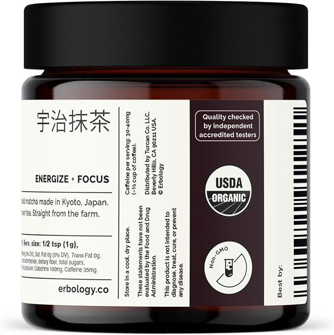 Erbology 100% Organic Ceremonial Grade Matcha 1.4 oz - Tencha Stone-Ground - Straight from Farm in Kyoto, Japan - Energizing and Stress-Reducing - Non-GMO - Recyclable Glass Jar