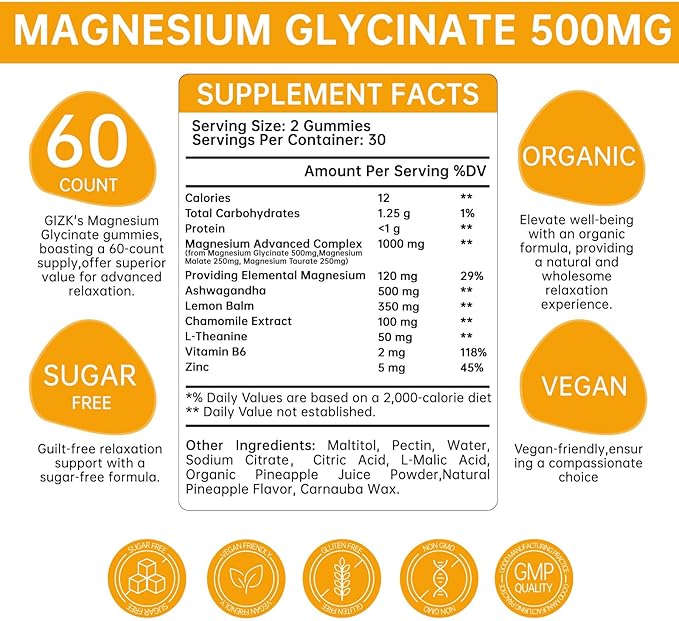 Magnesium Glycinate Gummies 500mg – Sugar Free Magnesium Gummies for Sleep, Stress, Muscle & Nerve Support – for Adults & Kids 4+, Vegan, No Melatonin (Pineapple Flavor, 120 Count)