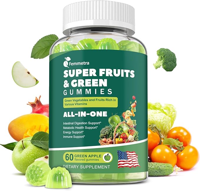 61-in-1 Supergreens Daily Gummies for Women and Men, Multivitamin Superfood Gummy with Probiotics for Metabolic, Energy, and Digestive Health, Sugar Free, Green Apple Flavor, 60 Count