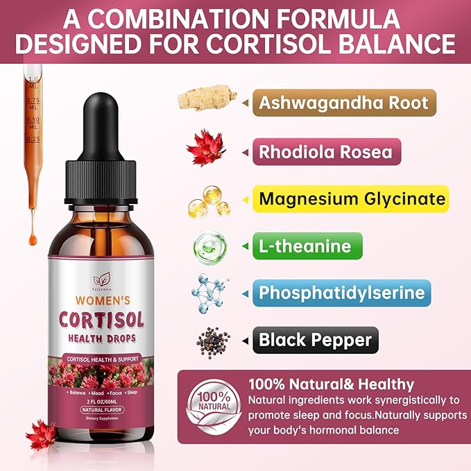 Cortisol Manager Liquid Drops, Cortisol Supplements for Women, with magnesium ashwagandha, rhodiola rosea,l-theanine,Phosphatidylserine-Promote Relaxation and Support Mood- 30 Day Vegan Supply