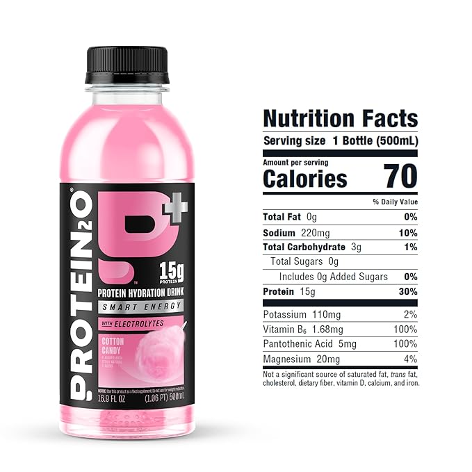 Protein2o 15g Whey Protein Isolate Hydration Drink Plus Energy & Focus,350mg of Electrolytes,Vitamins B5 & B6,Sugar Free,Cotton Candy,16.9 oz Bottle,(Pack of 24)