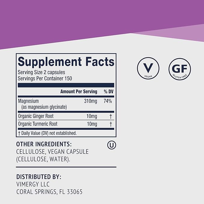 VIMERGY Magnesium Glycinate – Stress Support – Chelated to Avoid Tummy Upset*– Promotes Heart Health & Energy*– Kosher, Vegan Gluten-Free – 300 Caps