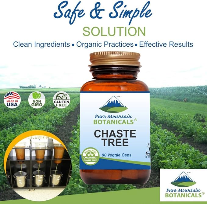 Pure Mountain Botanicals Chaste Tree Berry Capsules - Kosher Vegan Caps with 400mg Organic Vitex Chasteberry Supplement