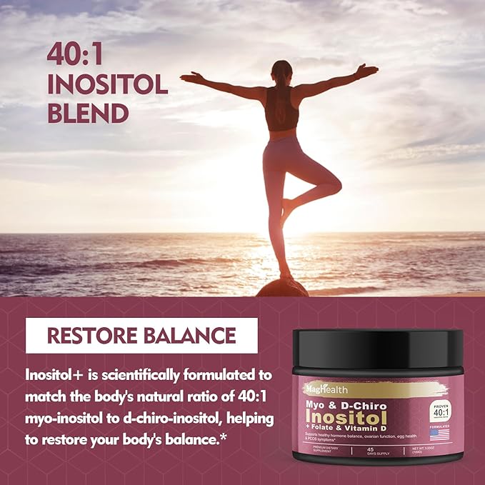 Inositol Powder - Myo & D-Chiro Inositol + Folate and Vitamin D - 40:1 Ratio - 45 Day Supply - Regular Menstrual and Fertility Support | Great Alternative to Capsules