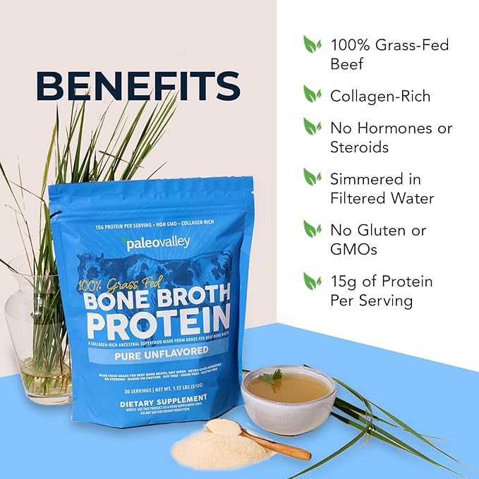 Paleovalley 100% Grass Fed Beef Bone Broth Protein Powder - Rich in Collagen Peptides for Hair, Skin, Gut Health, Bone and Joint Support - 15g Protein Per Serving - No Gluten or GMOs