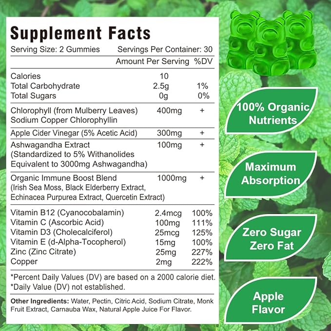 Chlorophyll Gummies - Super Green 13 in 1 with Ashwagandha Vitamin C Zinc & Copper for Body Odor, Skin Energy Immune Support Deodorant for Women - 60 Count