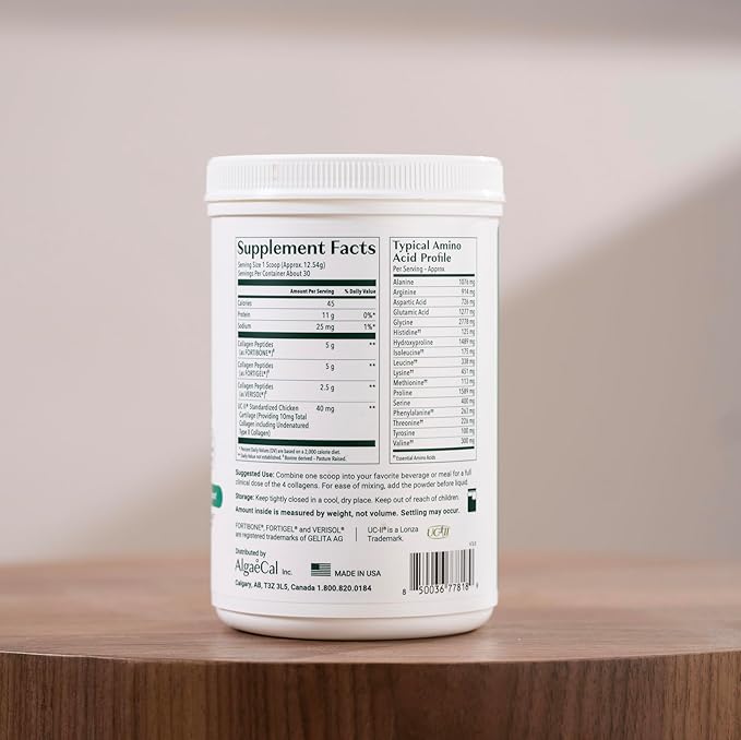 ALGAECAL Collagen - 4 Clinically-Supported Peptides VERISOL®, FORTIGEL®, UC-II®, FORTIBONE®, Anti-Aging Hydrolyzed Collagen Powder, 60 Servings, Made in USA