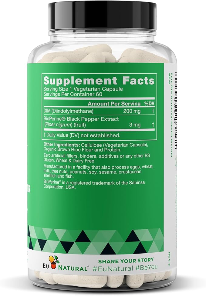 DIM Supplement Pure 200 Mg for Women or Men – Estrogen Hormone Balance Supplement for Energy, Fatigue, Stress, Menopause, Hot Flashes – Enhanced Bioavailability BioPerine – 60 Vegan Soft Capsules