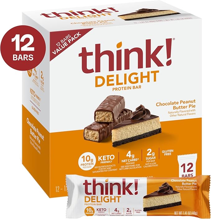 think! Delight Protein Bars, Chocolate Peanut Butter Pie, Low Sugar & Low Carb Gluten-Free Snack, Keto Friendly Snacks, 12 Count (Packaging May Vary)