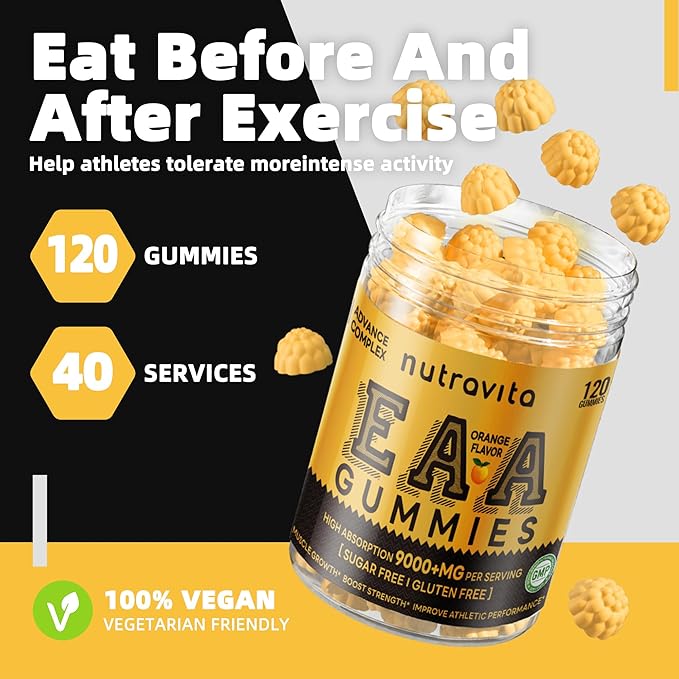 Nutravita EAA Gummies 120 Gummies (Orange), Essential Amino Acids - All 9 Essential Aminos (EAA) and All Branched-Chain Aminos (BCAAs), Non-GMO, Gluten Free, Vegetarian Friendly