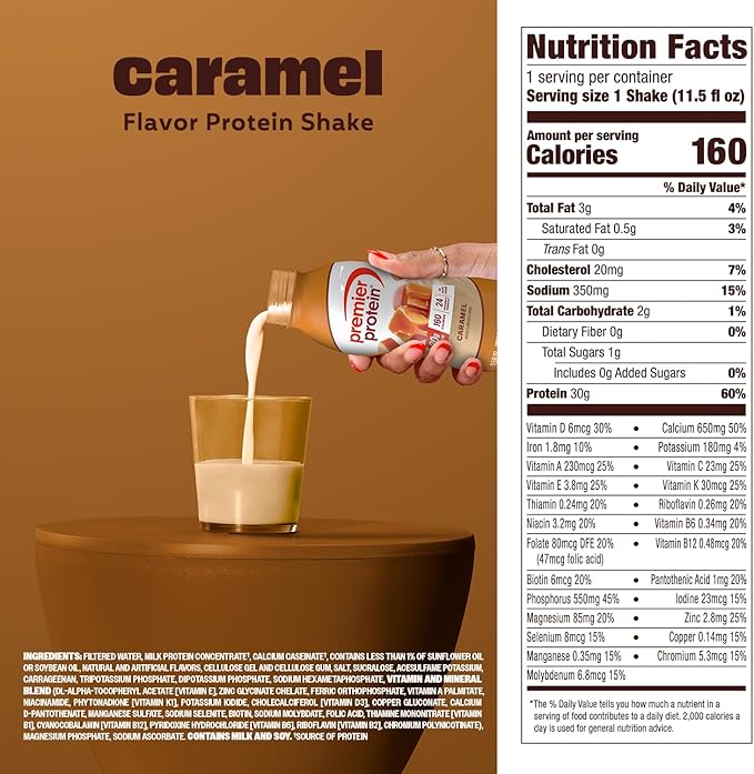 Premier Protein Shake, Caramel, 30g Protein, No Added Sugar, 24 Vitamins & Minerals to Support Immune Health, 11.5 fl oz, 12 Pack (Packaging May Vary)