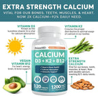 4-in-1 Calcium 1200 mg with Vitamin D3 Supplements for Women and Men - Calcium Extra Strength with Vitamin D3 K2 5000 IU Supplement,1200 mg per Serving - Vegan-Friendly - (120 Count) (Pack of 1)