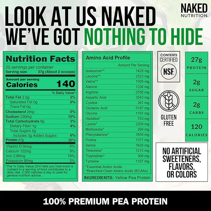 NAKED Pea - 2LB 100% Pea Protein Powder from North American Farms - Unflavored Vegan Pea Protein Isolate - NSF Certified, Plant Protein Powder, Easy to Digest - 30 Servings