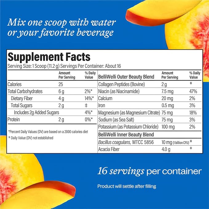 BelliWelli Fiber Supplement for Women & Men – Premium Daily Fiber Powder from Organic Acacia with Added Collagen, Electrolytes & Probiotics – No Bloat, Constipation & Gut Health Support (Peach Mango)