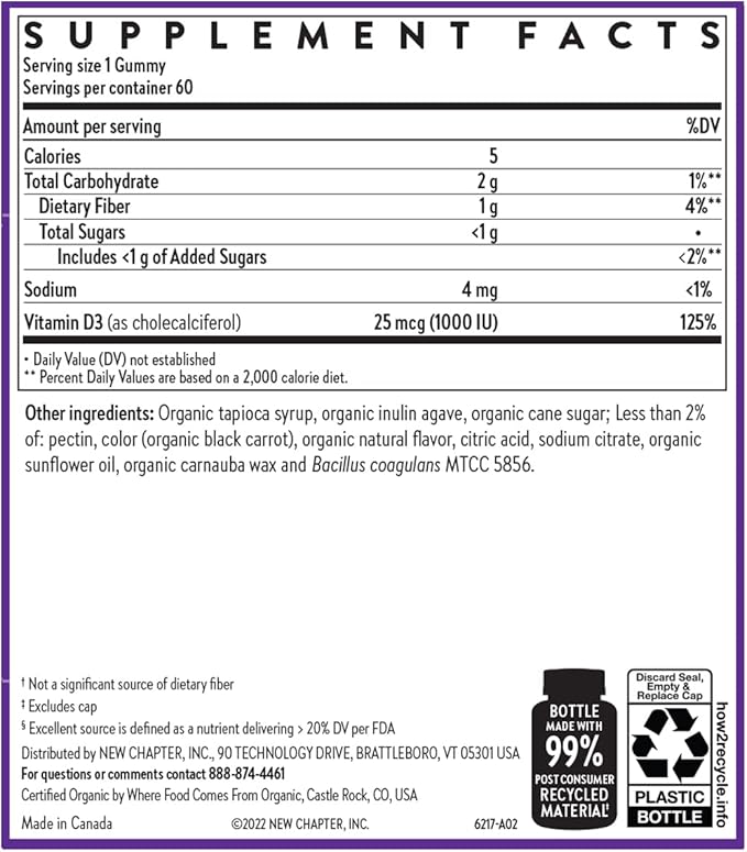 New Chapter Organic Vitamin D3+ Gummies – 52% Less Sugar§, 1,000 IU USDA Organic Vitamin D, ONE Daily Gummy for Strong Bones & Muscle Function, Non-GMO, Gluten Free, Mixed Berry Flavored, 60ct