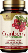 Cranberry Extract Pills Supplement - 500mg Per Serving Cranberry Extract with Vitamin C - Urinary Tract Health Support, Sugar Free Formula, Fruit Powder Extract - Bottled in USA - 60 Capsules