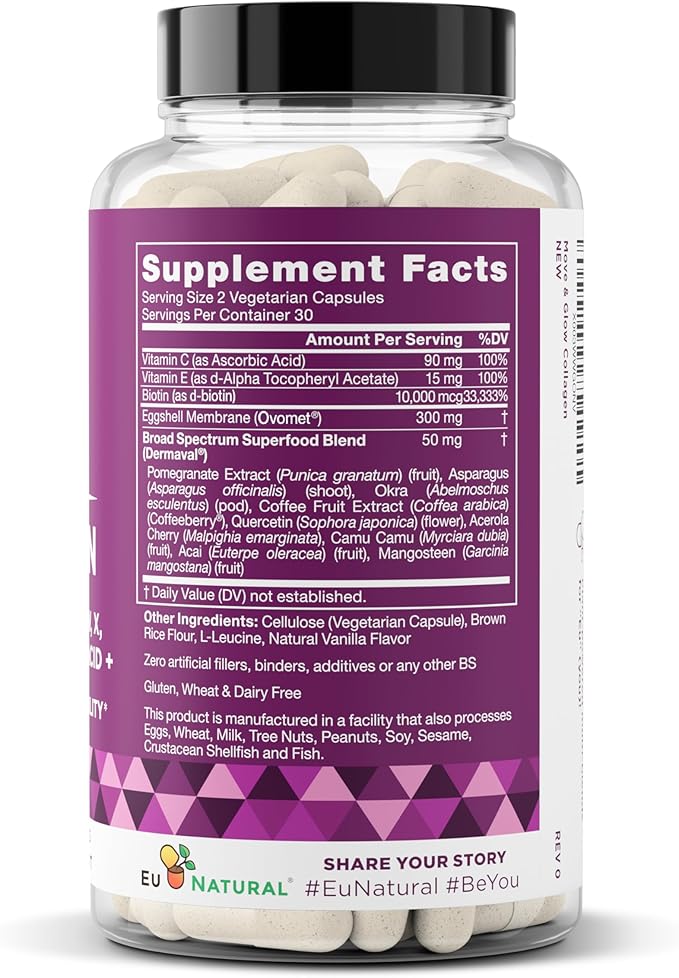 Move & Glow Collagen Pills for Women & Men – Vegetarian Multi-Collagen (Type I-V-X) with 9 Plant-based Superfoods for Skin Health & Joint Support – Biotin, Vitamin C, Vitamin E, 60 Vegetarian Capsules