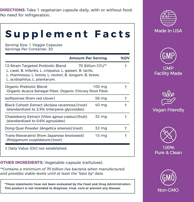 NewRhythm Menopause Probiotics for Women, 7-in-1 Relief, Prebiotics, Black Cohosh Trans-Resveratrol Chasteberry Red Clover Dong Quai, Hot Flashes Night Sweats, No Soy, No Estrogen, 30 Ct