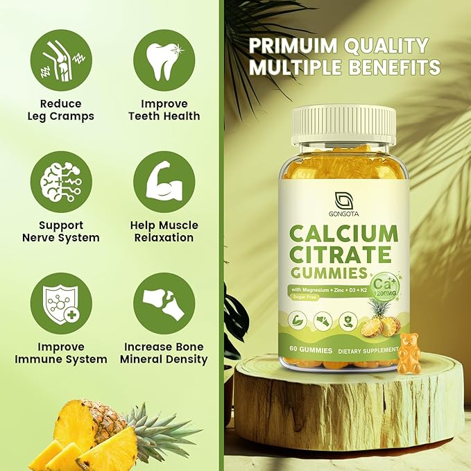 Calcium Citrate 1200mg with Vitamin D3, Calcium Gummies for Women, Calcium Supplements for Bone, Muscle, Immune Support, Sugar Free, Pineapple Flavor - 60 Gummies