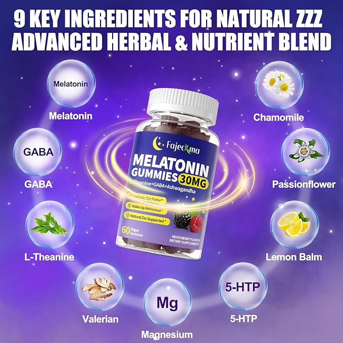 30mg Melatonin Gummies Supplement: Extra Strength Plus Magnesium Ashwagandha L-Theanine Chamomile Valerian GABA Vitamins B6 B12 D3 for Natural Zzz - Sugar Free for Nighttime Adults(120Count)