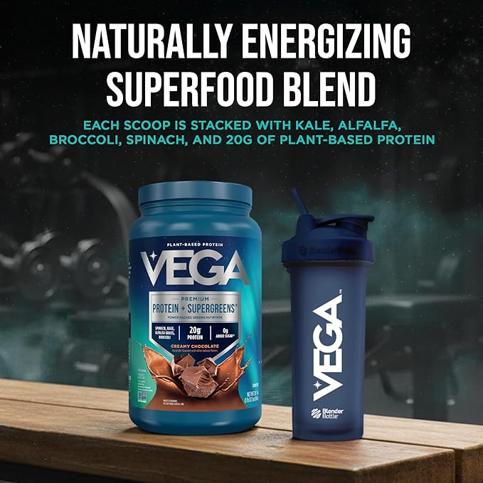 Vega Protein + Supergreens - 20g Plant-Based Protein, Chocolate, 25 Servings, Real Greens & Veggies, Vegan Keto, 0g Added Sugar, Non-GMO, Gluten Free, Dairy Free, 1.8lbs (Packaging May Vary)