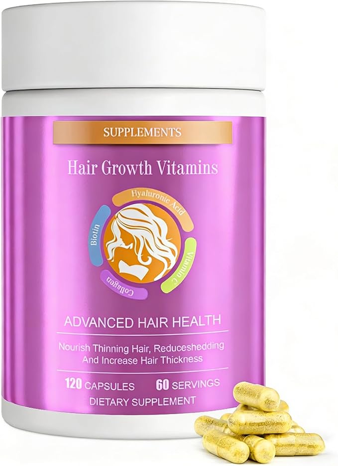 Biotin | Collagen | Hyaluronic Acid Supplement, Clinically Proven Hair Growth Support, Skin and Nails, 25000 mcg Vitamins B2, B3, B6 & B7 + B1 & Keratin Women & Men （120 Capsules）