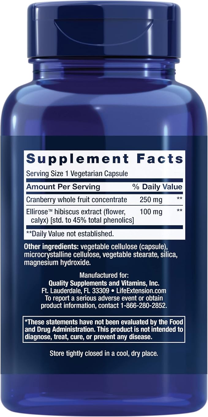 Life Extension Optimized Cran-Max®, Cranberry Whole Fruit Concentrate with Hibiscus Extract, Best in Class Support for Female Urinary Tract Health, Gluten-Free, Vegetarian, Non-GMO, 60 Capsules