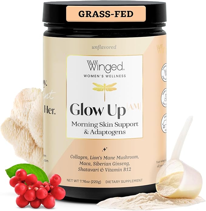 Winged Wellness Glow Up AM, Collagen Powder for Women - Morning Beauty Supplement for Glowing Skin with Grass-Fed Hydrolyzed Collagen Peptides, Lion's Mane & Shatavari - 21 Servings, Unflavored
