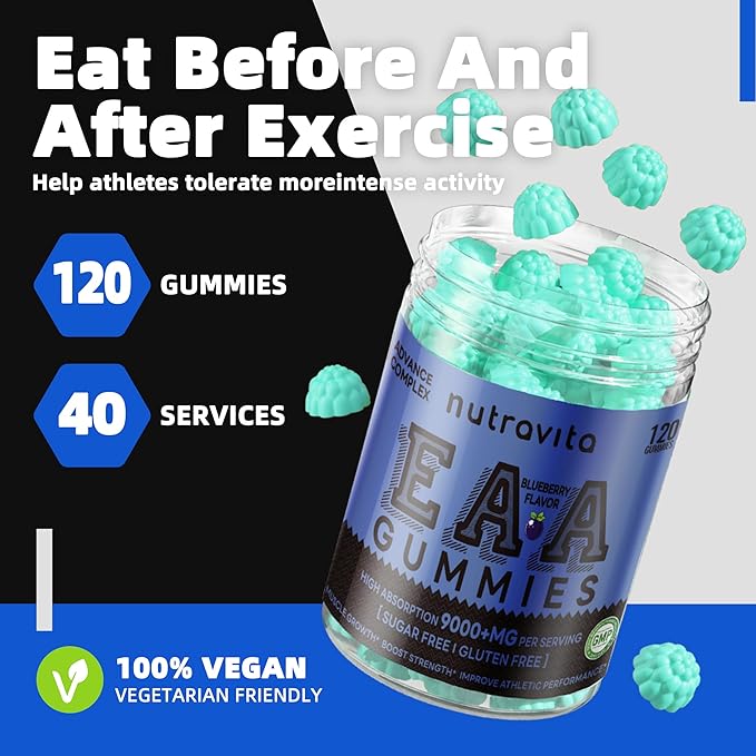 EAA Gummies 120 Gummies (Blueberry), Essential Amino Acids - All 9 Essential Aminos (EAA) and All Branched-Chain Aminos (BCAAs), Non-GMO, Gluten Free, Vegetarian Friendly