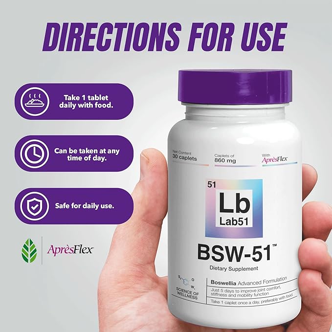 Boswellia Serrata AprèsFlex® Advanced Joint Support – BSW-51 with Hyaluronic Acid, Type II Collagen & Piperine – 30 Capsules, 860 mg Each – Supports Mobility, Flexibility & Cartilage Health