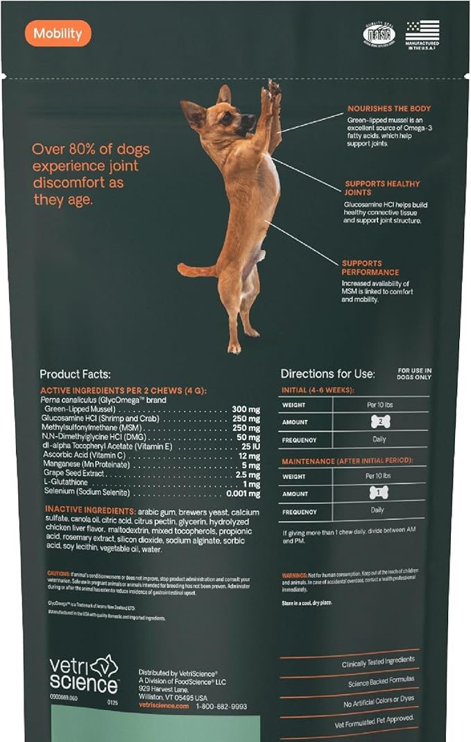 VetriScience Extra Strength Healthy Hip & Joint-Chews, GlycoFlex Glucosamine & Green-Lipped Mussel Joint Support Supplement for Small Breed Dogs,Soothe Joint Discomfort,Chicken 60 Count(Pack of 2)