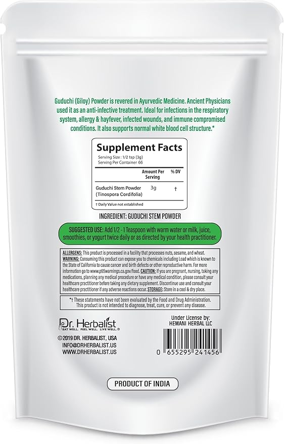 Dr. HERBALIST Guduchi Stem Powder (200g) - All Natural Botanical Ingredient - Ground Tinospora Cordifolia for Traditional Recipes